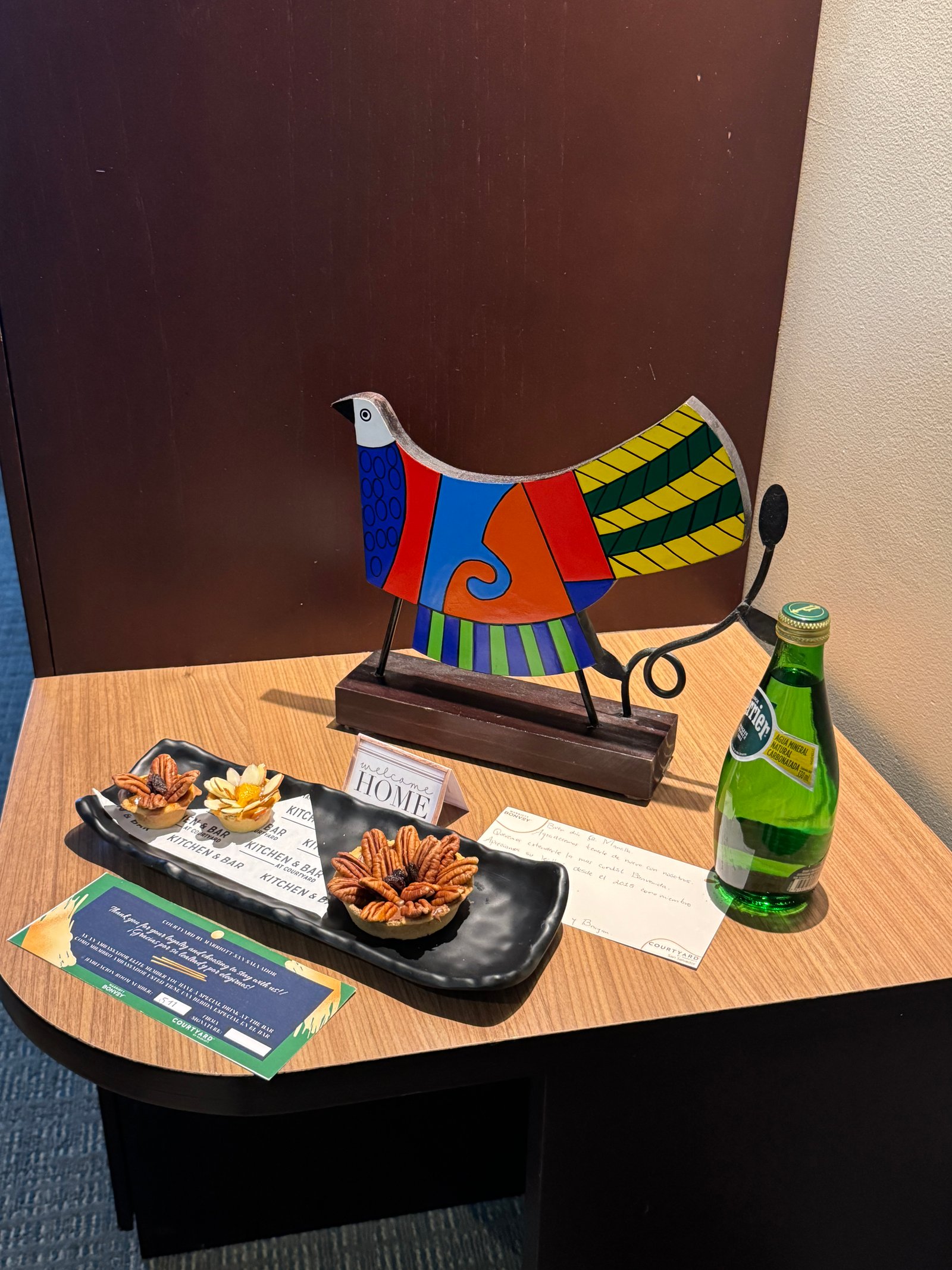 Courtyard San Salvador welcome gift with local art bird sculpture, El Salvador