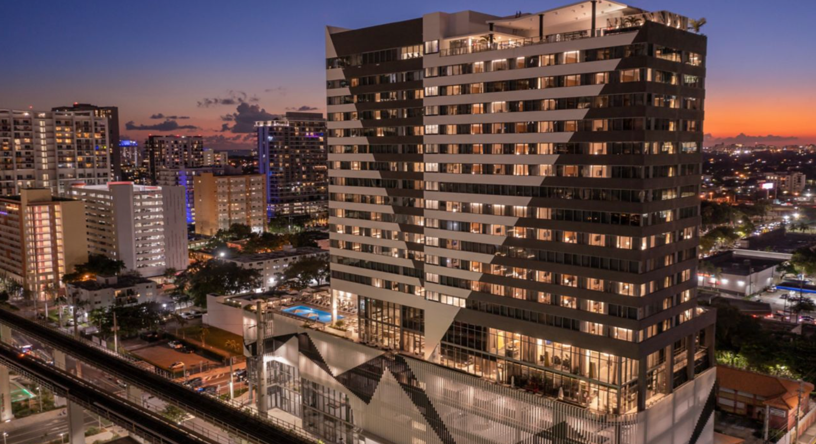 Element Miami Brickell hotel exterior at night, Brickell Miami
