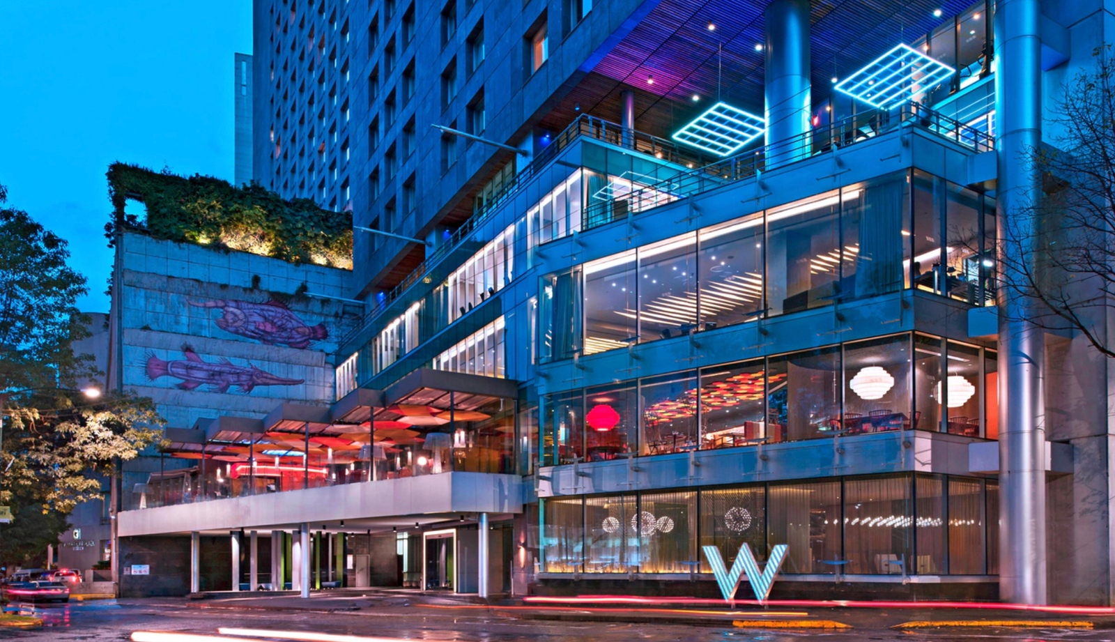 W Mexico City hotel exterior at night, Polanco Mexico City