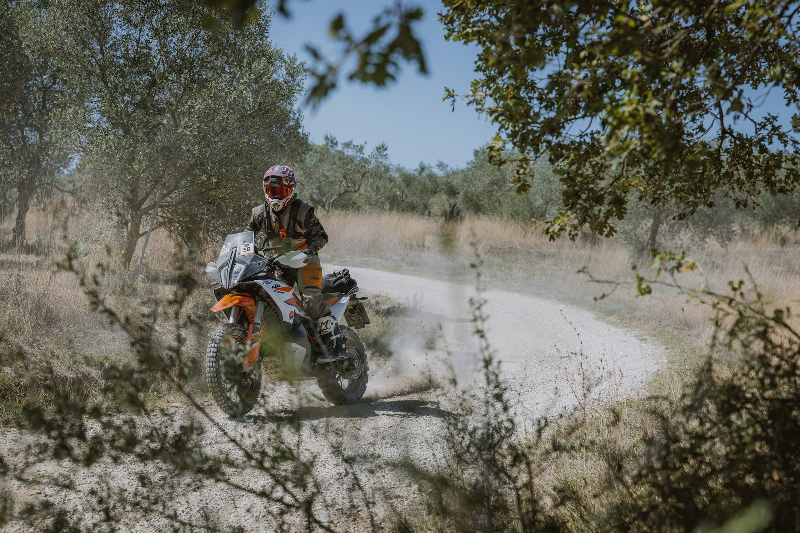 KTM rider in a gravel corner between olive trees, Umbria