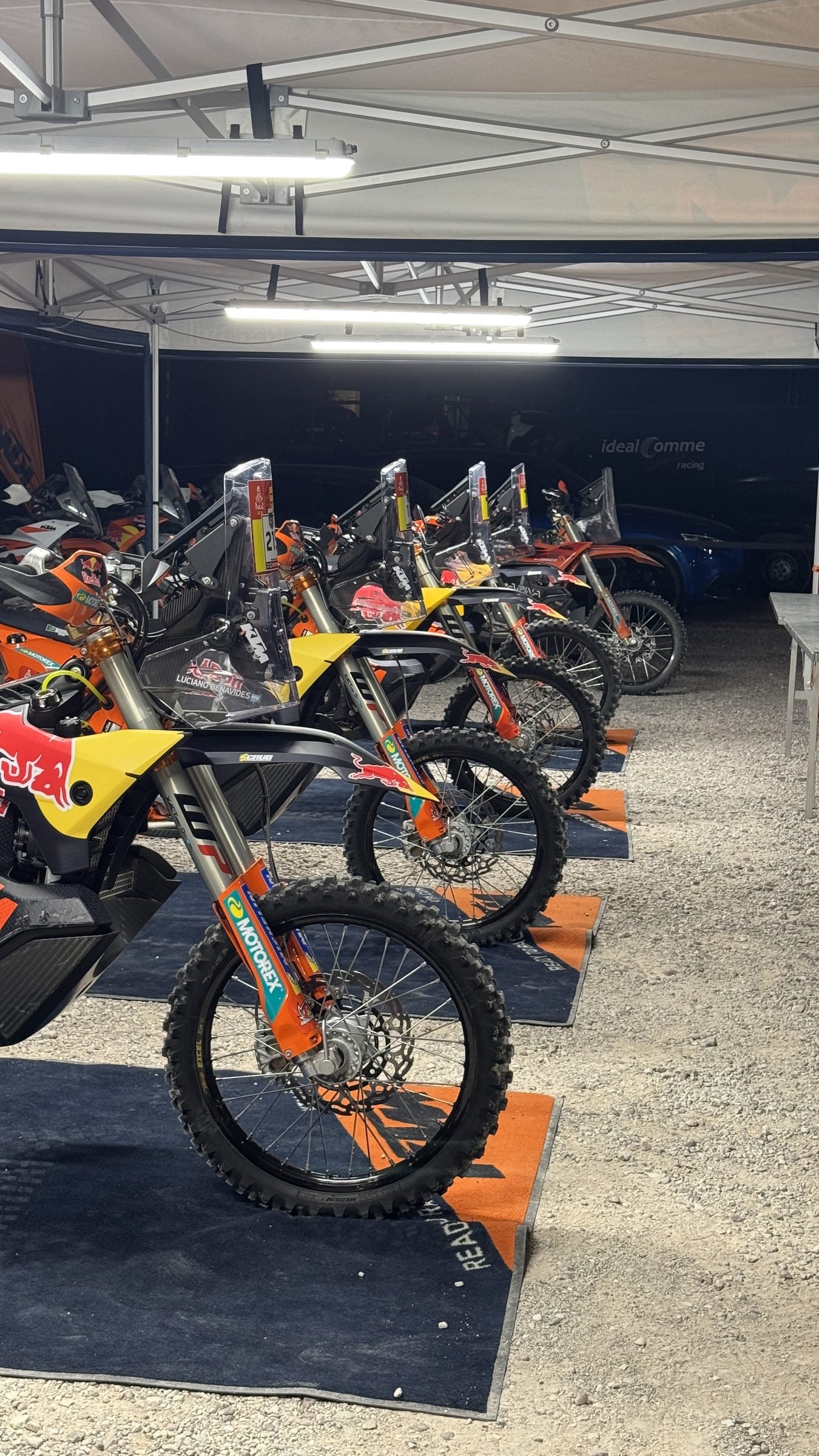 Red Bull KTM factory rally bikes lined up in the tent, Gubbio