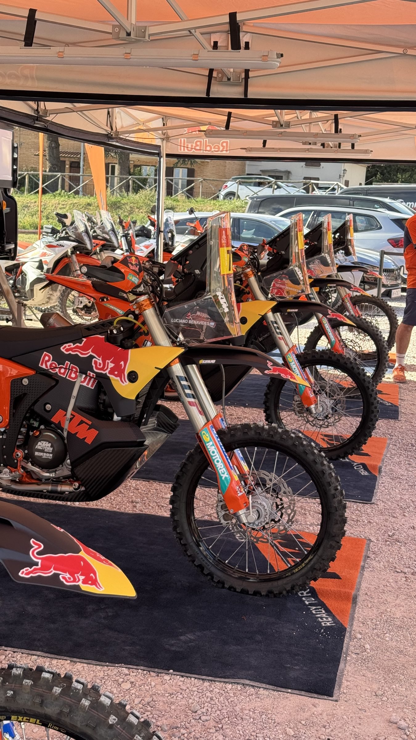 Line of Red Bull KTM factory rally bikes in the paddock