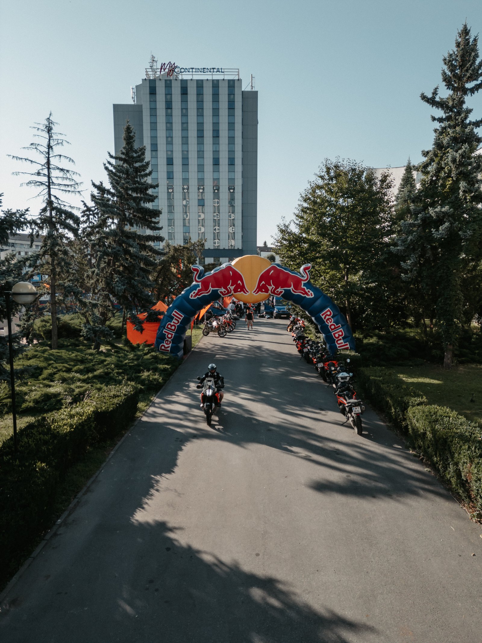 Drone view of the city start with the Red Bull arch in Sibiu