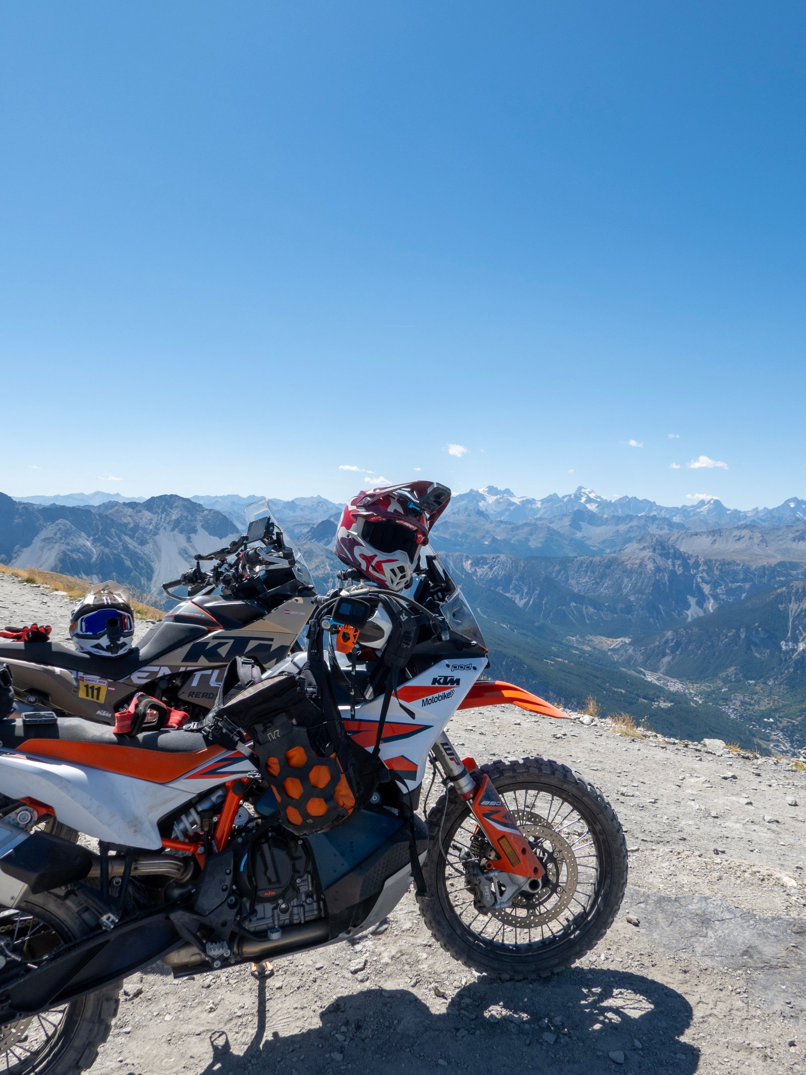 KTM 890 Adventure R at Colle del Sommeiller summit panorama, Western Alps Italy