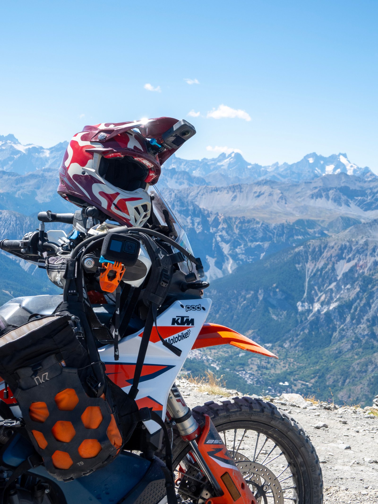 Helmet and GoPro mount on KTM 890 at Colle del Sommeiller, Italian Alps