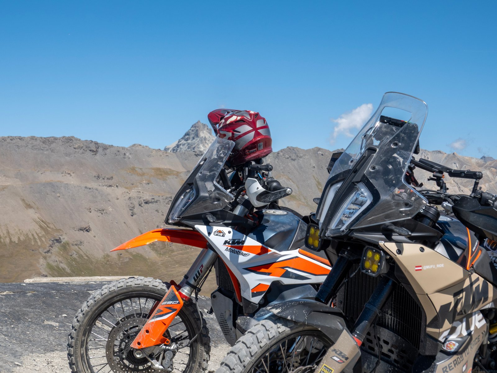 Group of KTM adventure bikes on the Strada dell'Assietta, Piedmont Italy