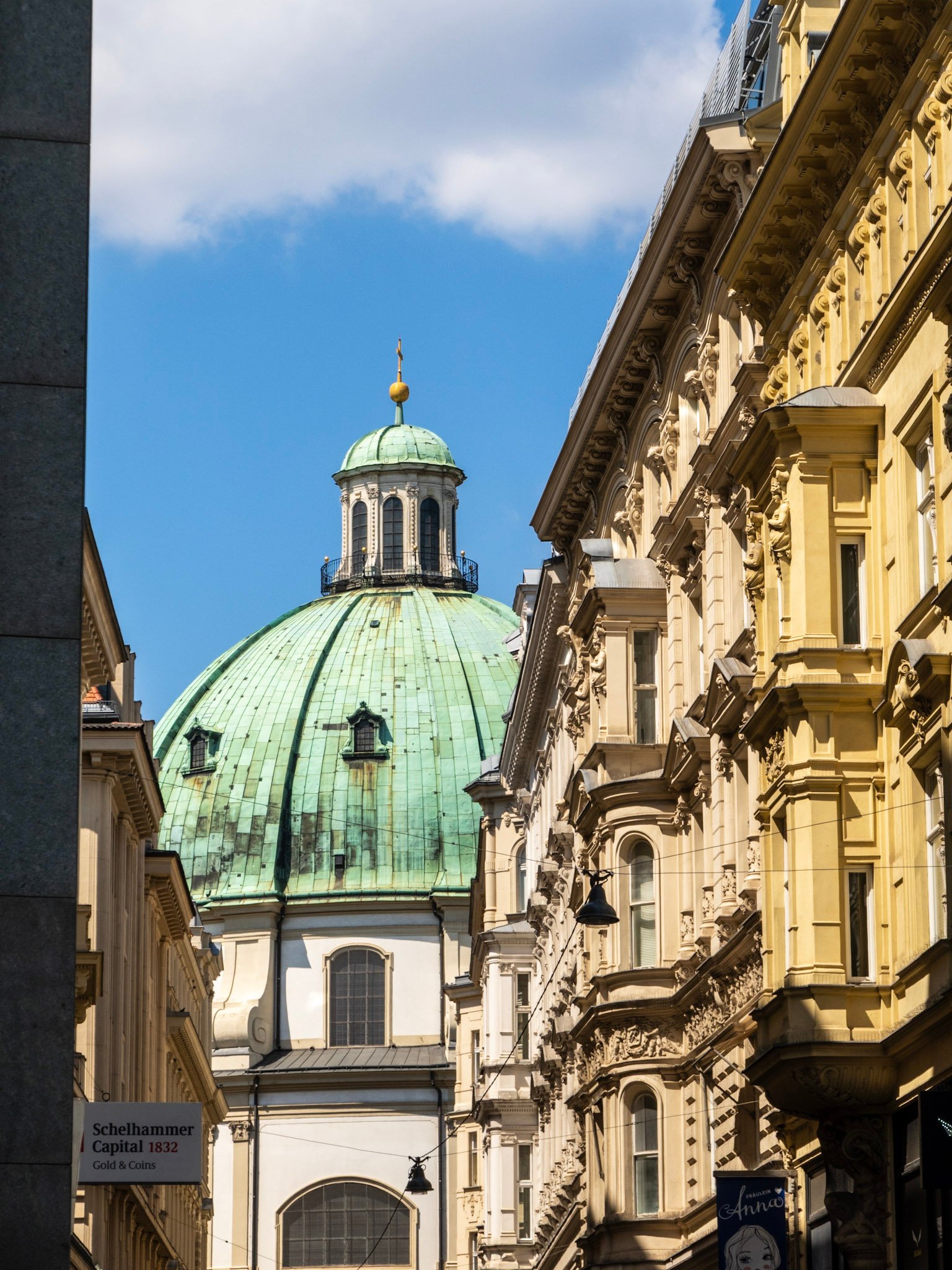 Peterskirche green dome seen from Graben street, Vienna Austria