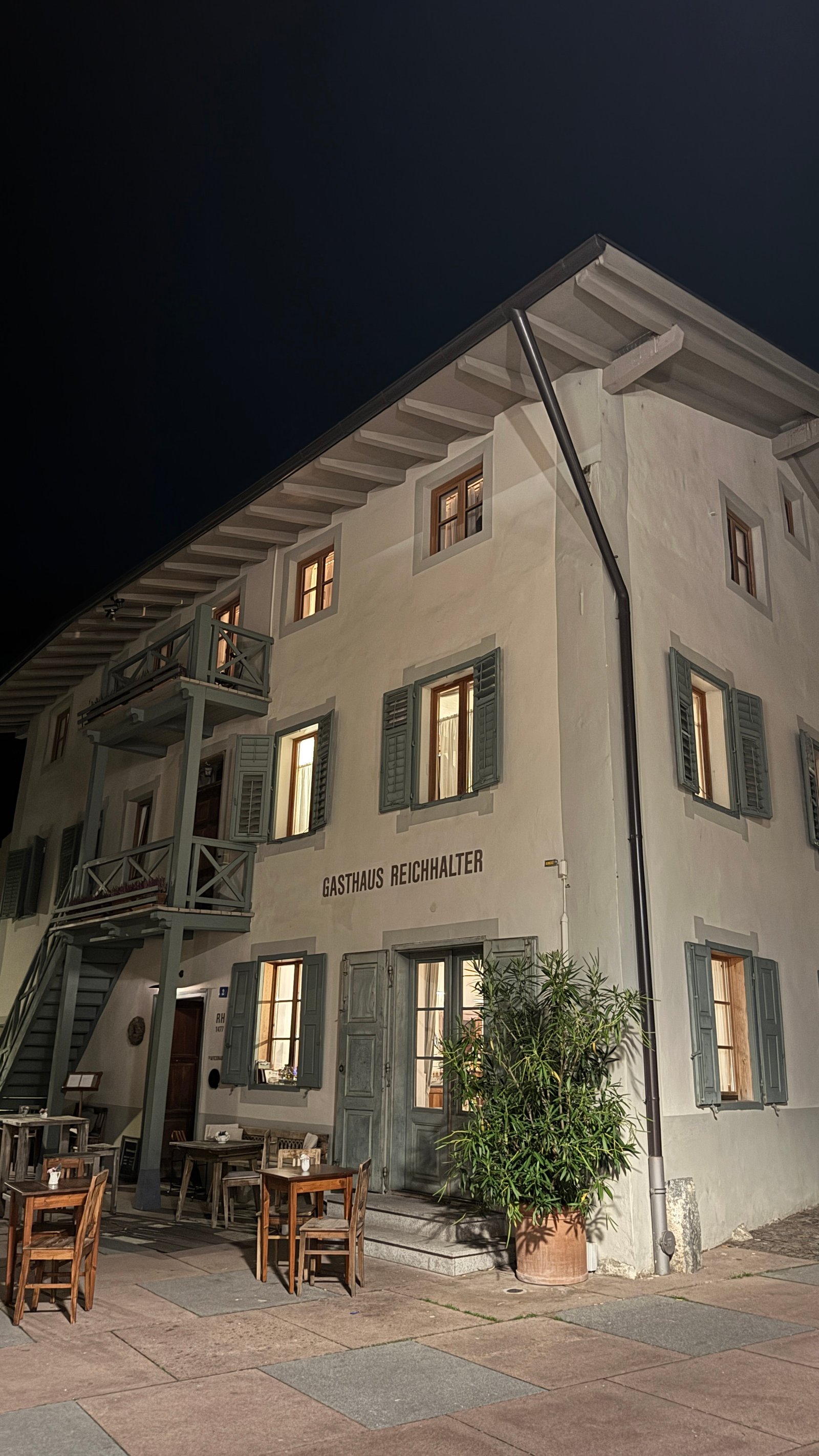 1477 Reichhalter Gasthaus exterior at night, Lana South Tyrol